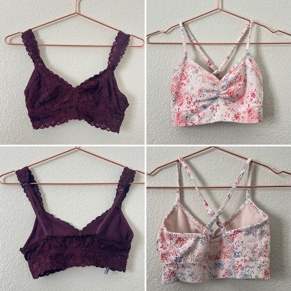 2x aerie bralettes plum purple burgundy lace light pink print criss-cross